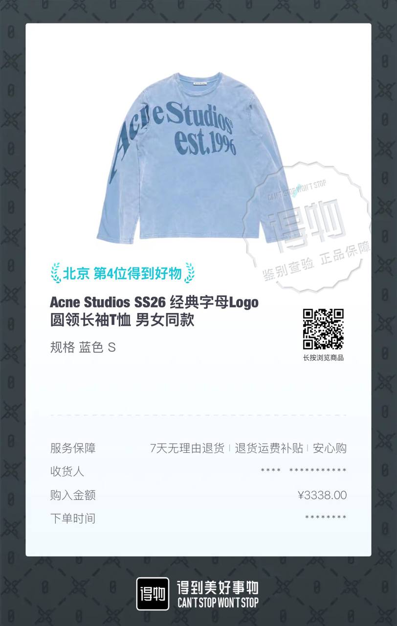 Acne Studios SS26 Classic Logo Crewneck Long-Sleeve T-shirt, Blue, S